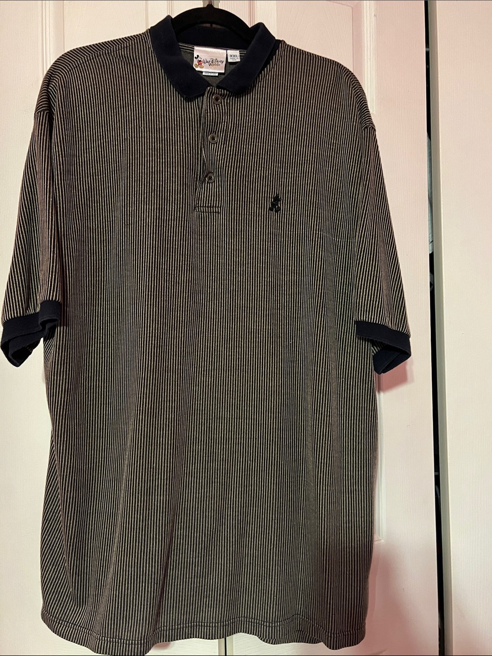 Vintage 90’s Disney Men's Black and Beige Pinstripe Polo SizeXXL